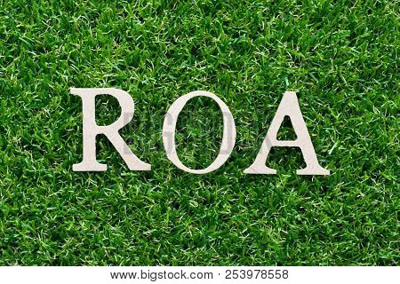 Wood Alphabet In Word Roa (abbbreviation Of Return On Assets) On Artificial Green Grass Background