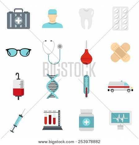 Medicine Icons Set In Flat Style. Medical Care Set Collection Illustration