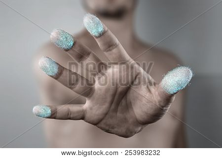 Scanning A Fingerprint For Identification. The Concept Of Security System, The Technology Of Scannin
