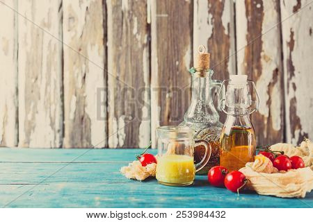 Variety Of Homemade Sauces And Salad Dressings In Jars Including Oil, Vinegar, Mustard Dressing For 