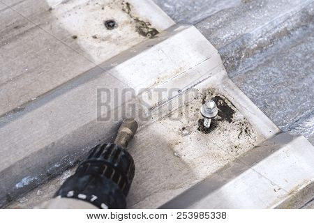 Gray Corrugated Metal Cladding On Industrial Building Roof