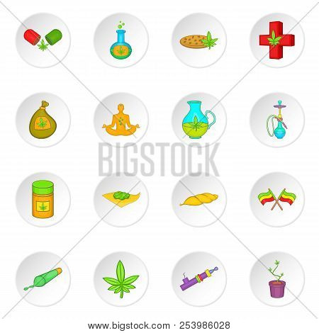 Marijuana Icons Set In Cartoon Style. Cannabis Elements Set Collection Illustration