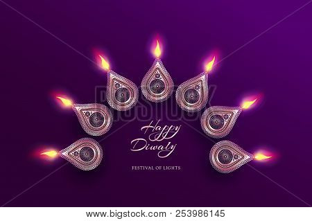 Diwali Festival Holiday Design With National Lamps Diya In The Style Of Rangoli. Indian National Fes