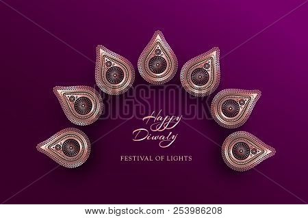 Diwali Festival Holiday Design With National Lamps Diya In The Style Of Rangoli. Indian National Fes