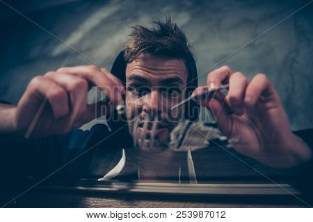 Close Up Photo Portrait Of Mad Nervous Insane With Big Shocked Eyes Guy Trying To Snort Line Of Coca