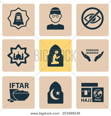 Holiday Icons Set With Mullah, Hajj, Holiday And Other Arabian Elements. Isolated Vector Illustratio