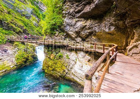 Vintgar Gorge, Slovenia. The Radovna River With Wooden Paths And Bridge Above. Beautiful Water River