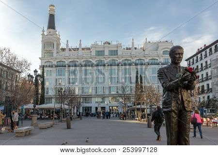 Madrid, Spain - January 23, 2018: Sunset View Of Monument Of Federico Garcia Lorca At Plaza Santa An