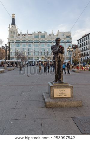 Madrid, Spain - January 23, 2018: Sunset View Of Monument Of Federico Garcia Lorca At Plaza Santa An