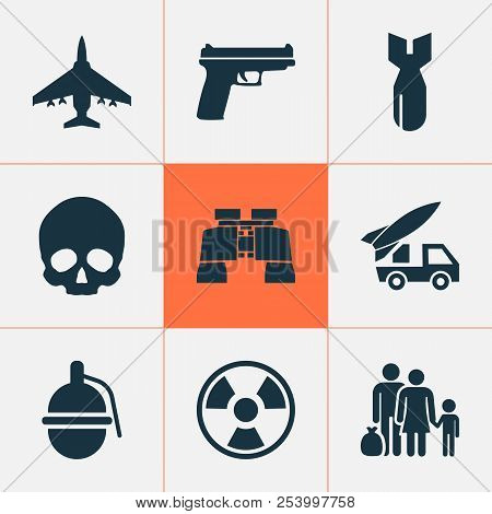 Army Icons Set With Gun, Refugee, Skull And Other Ordnance Elements. Isolated Vector Illustration Ar