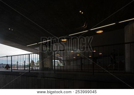 Stockholm, Sweden - July 11, 2018: Illumination Inside Slussen Infrastructure Renovation On July 11,