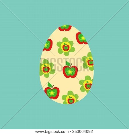Hand Drawn Doodle Easter Egg Filled With Cute Kids Pattern In Patch Technique With Red Apples Green 