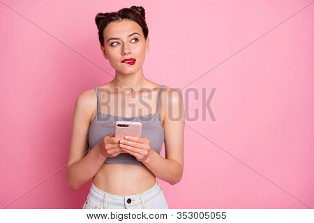 Portrait Of Minded Girl Use Smartphone Want Type Social Media Message Look Copyspace Feel Unaware Th