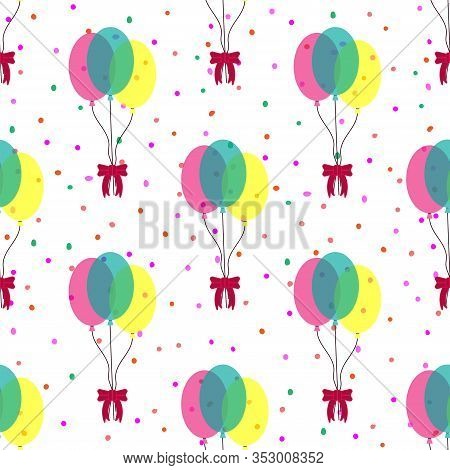 Festive Seamless Pattern With Knitted Bow Balloons On Confetti Background. Polka Dot Print. Colorful