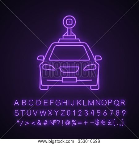 Smart Car In Front View Neon Light Icon. Nfc Auto With Roof Camera And Radar Sensor. Intelligent Veh