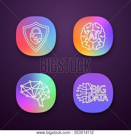 Artificial Intelligence App Icons Set. Ui Ux User Interface. Ai, Neural Network, Cybersecurity, Big 