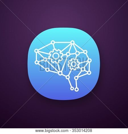 Deep Learning Ai App Icon. Ui Ux User Interface. Neurotechnology. Neural Network With Cogwheels. Dig
