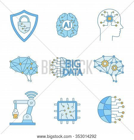 Artificial Intelligence Color Icons Set. Neurotechnology. Cybersecurity, Ai, Digital Brain, Neural N