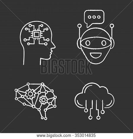 Artificial Intelligence Chalk Icons Set. Neural Network Neurotechnology. Chat Bot, Ai, Digital Brain