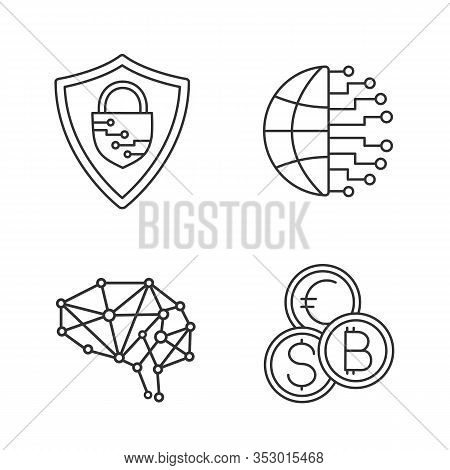 Artificial Intelligence Linear Icons Set. Thin Line Contour Symbols. Neurotechnology. Cybersecurity,