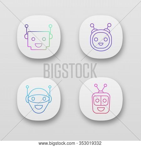 Chatbot App Icons Set. Ui Ux User Interface. Talkbots. Laughing Virtual Assistants. Conversational A
