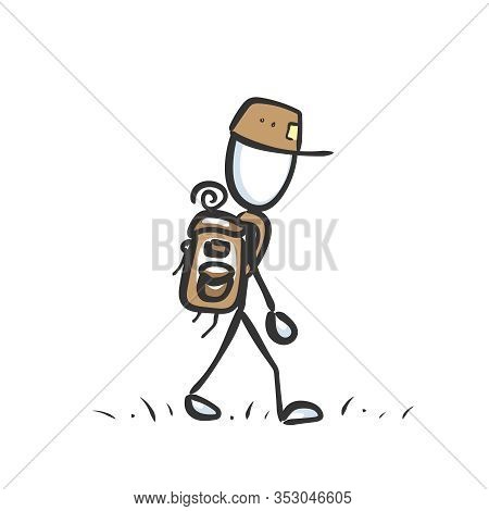 Man Hiking With Backback. Walking Trip. Hand Drawn. Stickman Cartoon. Doodle Sketch, Vector Graphic 