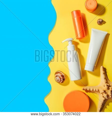 Sunprotection Objects, Suscreen. Flat Lay, Natural Cosmetics, Cream Spf Face And Body. Summer Travel
