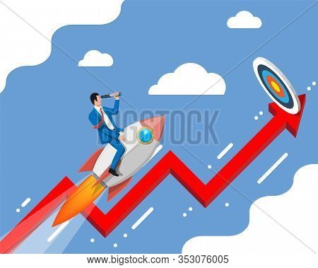Successful Business Man Flying On Rocket On Graph Going Up To Target. Businessman On Flying Space Sh