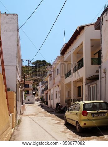 Afandou, Rhodes, Greece - February 28, 2020: A Street In The Village Of Afandou, Rhodes, Greece