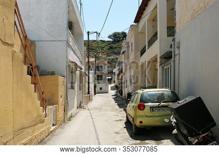 Afandou, Rhodes, Greece - February 28, 2020: A Street In The Village Of Afandou, Rhodes, Greece