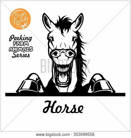 Peeking Horse - Cheerful Neighing Horse Peeking Out - Face Head Isolated On White - Vector Stock
