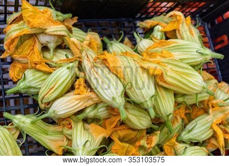 Fresh Zucchini Flowers At A Farmers Market In Italy