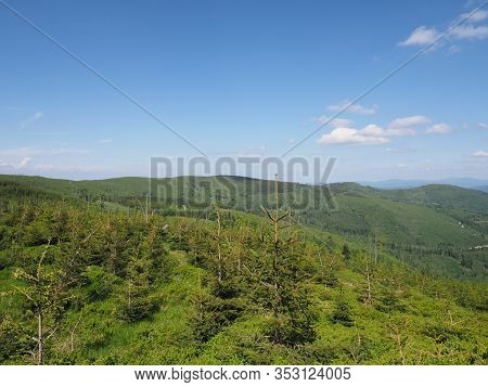 Silesian Beskids Mountains Land Near Salmopol Pass Scenery Above European City Of Szczyrk In Poland,