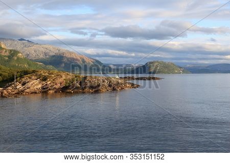 Nordland Scenic Landscape In Norway. Bindalsfjorden Fiord Sunset Light View.
