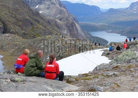 Jotunheimen, Norway - August 1, 2015: People Hike The Besseggen Trail In Jotunheimen National Park, 