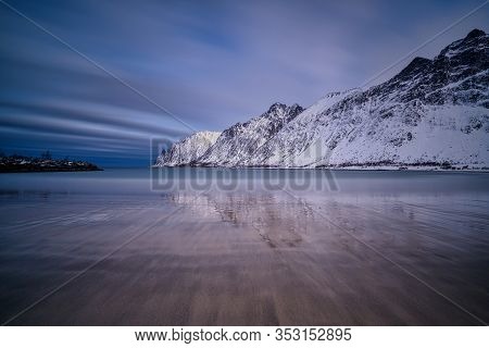 Gulf, Bay, Sand Beach With A Huge Surf In Ersfjord In Sunset