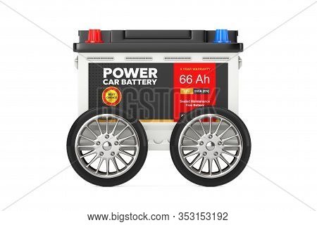 Rechargeable Car Battery 12v Accumulator With Abstract Label With Wheels On A White Background. 3d R