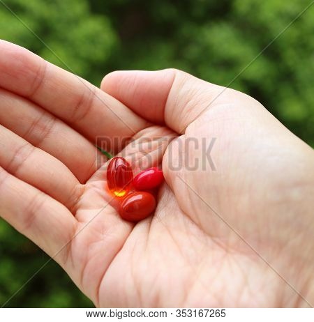 Different Types Of Supplement Pills In Man Palm With Blurry Foliage In Background