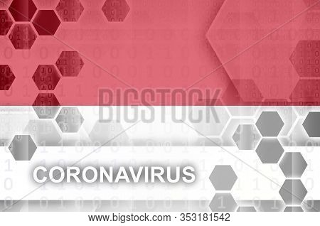 Indonesia Flag And Futuristic Digital Abstract Composition With Coronavirus Inscription. Covid-19 Ou