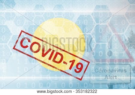 Palau Flag And Futuristic Digital Abstract Composition With Covid-19 Stamp. Coronavirus Outbreak Con