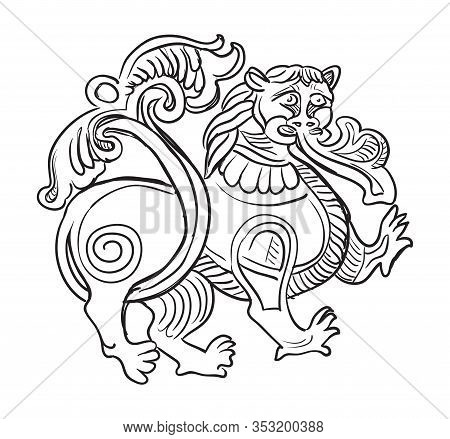 Sketch Of An Architectural Stone Relief Of A Decorative Lion. Vector Hand Drawing Illustration In Bl