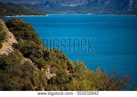 Scenic View With Blue Turquoise Water, Mountains And Cliffs Around Of Lake Of Sainte-croix, Gorges D