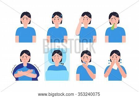 Sick Man Coughing, Sneezing. Set Character Vector Of Cold, Flu, Sore Throat, Measles. Illustrations 
