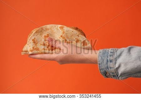 National Food Concept. Mexican National Food Tacos Or Tatar National Food - Kystyby In Hand On An Or