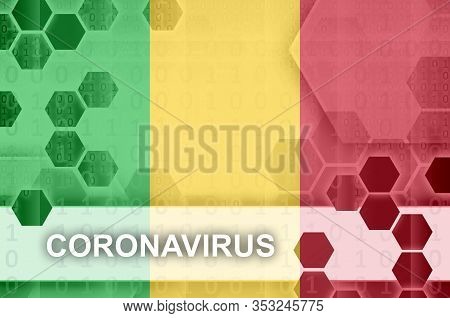 Mali Flag And Futuristic Digital Abstract Composition With Coronavirus Inscription. Covid-19 Outbrea