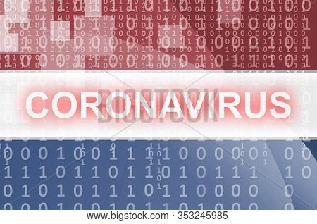 Netherlands Flag And Futuristic Digital Abstract Composition With Coronavirus Inscription. Covid-19 