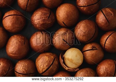 Food Background Texture Of Macadam Nuts Closeup