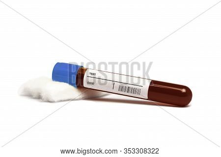 Vial With Blood On Cotton On White Background