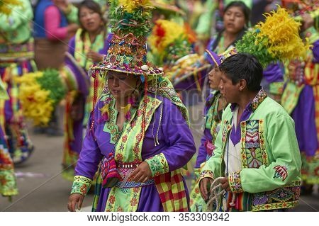Oruro, Bolivia - February 26, 2017: Tinkus Dance Group In Ornate Costumes Performing As They Parade 
