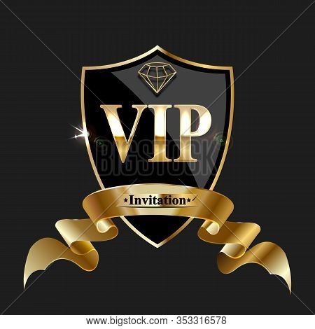 Vip Invitation With Shiny Glowing Golden Crown On Shield And Ribbon.vector Illustration.